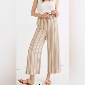 Madewell Smocked Huston Pull-On Crop Pants in Stripe Size M Linen Blend Coastal